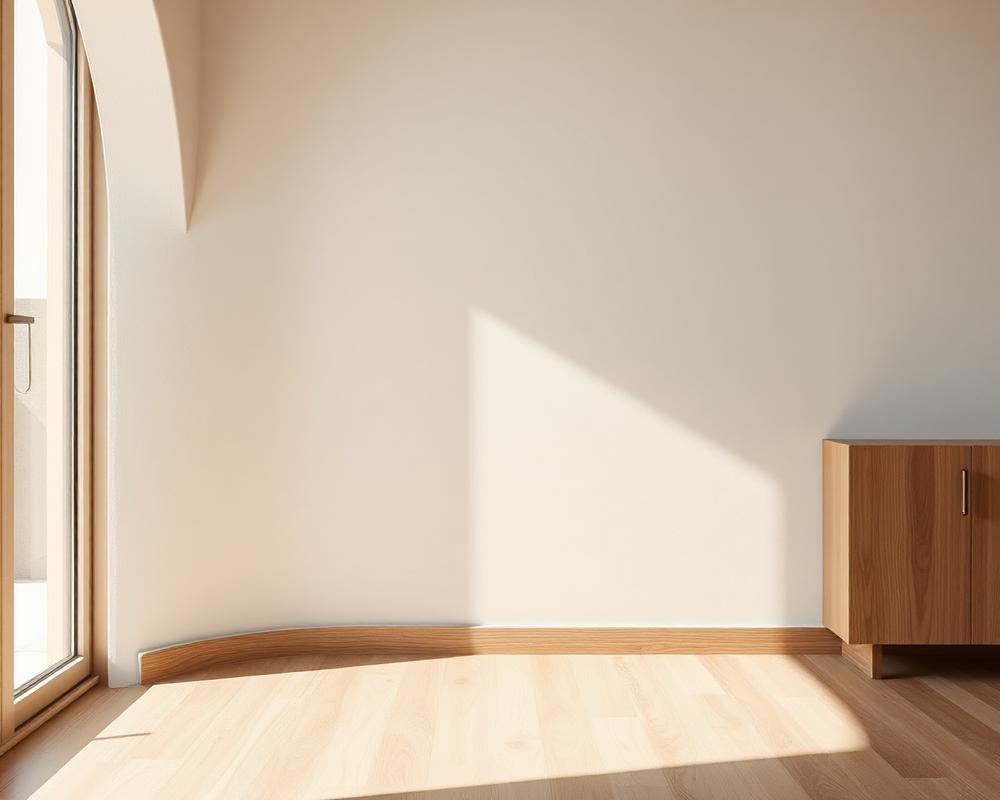 Curved plaster, warm oak: quiet architectural moves.
